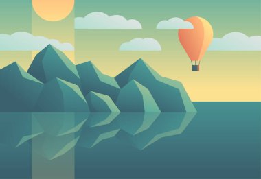 Basit çizgi film gradyanı tarzında güzel soyut bir manzara. Dağlık açık hava manzarası kayalık tepe ve bulutlu gökyüzünde hava balonları