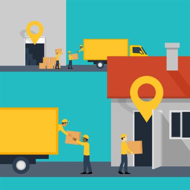 Kapıdan kapıya ekspres dağıtım hizmeti kavramsal illüstrasyon - yükleyiciler ve canlı bina - vektör illüstrasyonu