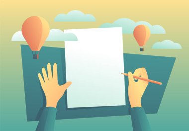 Üst görünümde boş kağıt sayfa ile boşluk kopyala ve kalem ile eller