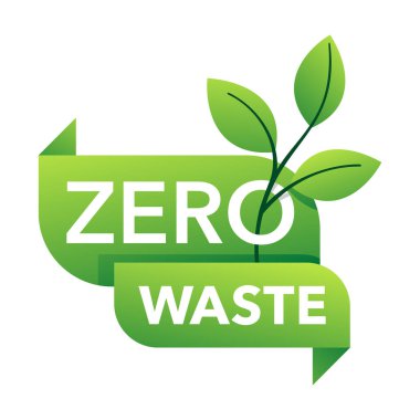 Soyut eko tarzında sıfır atık rozeti - Beşikten Beşiğe geri dönüşüm sembolü ve yeşil yapraklı yeniden kullanılabilir teknoloji sembolü 