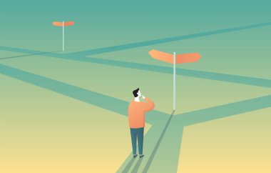 Doğru karar verme konsepti - kafası karışmış bir adam karakteri kavşakta duruyor ve farklı yönlere bakan tabela direğine bakıyor.