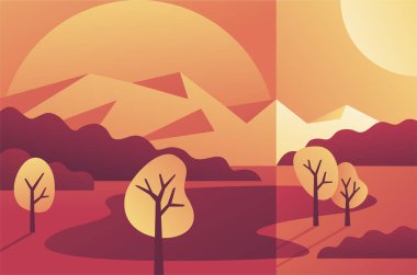 Basit çizgi film gradyanı tarzında güzel soyut bir manzara. Dağlı, göletli, ağaçlı ve güneşli gökyüzü olan kırsal alan.