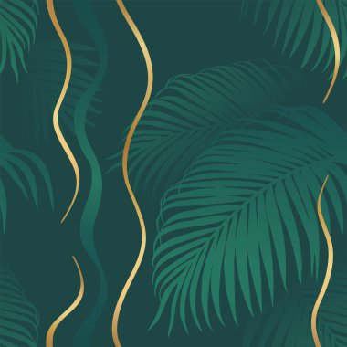 Palmiye dalları ve liana ile tropik, pürüzsüz desen. Orman yeşili ve altın rengi modern arka plan