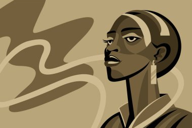 Güzel siyah kadın portresi soyut dekorasyonda ve nötr renklerde.