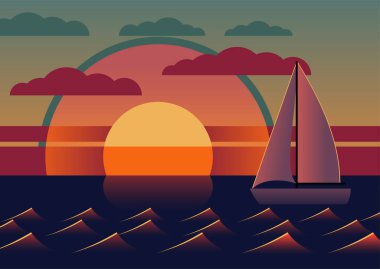 Basit karikatür tarzında güzel soyut deniz batımı. Dalgalı okyanus yüzeyi, kırmızı güneş ve yatlı.
