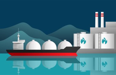 Sıvılaştırılmış doğal gaz terminali illüstrasyonu - ulaşım ve dağıtım, deniz limanı ve enerji nakil gemisi