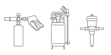 Araba yıkama servisi için araba köpük ekipmanı - silah spreyi, basınç spreyi için köpük jeneratörü ve dosatron doz pompası - ince çizgi ikonlarında izole vektör simgeleri