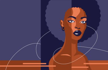 Güzel siyah kadın portresi soyut açısal geometrik dekorasyonda ve nötr renklerde.