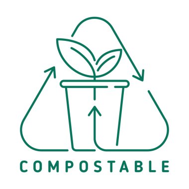 Kullanılmış tabaklar için geri dönüşümlü ve gübrelenebilir içki bardağı üçgen etiketi. Düz Vektör rozeti ince çizgide