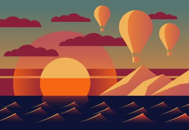 Basit karikatür tarzında soyut deniz batımı. Dalgalı okyanus yüzeyi, kırmızı güneş ve sıcak hava balonları.