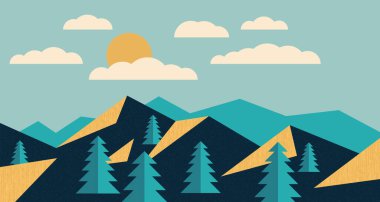 Basit geometrik tarzda güzel soyut dağlık arazi. Yürüyüş yolu, köknar ağaçları ve güneşli gökyüzü olan Mountainside sahnesi