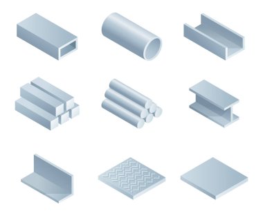 Rolled metal ve metalürjik çelik ürünleri 3D ikonlar - sanayi ve metalürji için izometrik koleksiyon. Vektör illüstrasyonu
