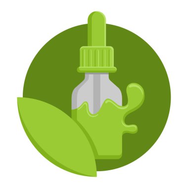 Temel yağ simgesi - doğal aromatik sıvıyla birlikte yeşil kaplama. İnce çizgi dekorasyonunda düz amblem