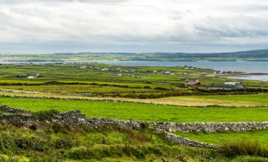 Burren yolundaki kırsal tarım arazisi Galway Körfezi, Ballyvaughan, Clare, İrlanda