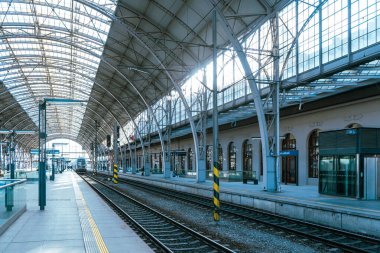 Prague main railway station - train platforms and railroads  clipart