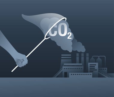 Karbon Dioksit Yakalama Teknolojisi - net CO2 ayak izi geliştirme stratejisi. Metaforlu vektör çizimi - kelebekleri yakalamak