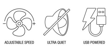 Ana vantilatör ana yararları ince çizgide ayarlanmış fan simgeleri - ayarlanabilir hız, aşırı sessiz, USB güçlü