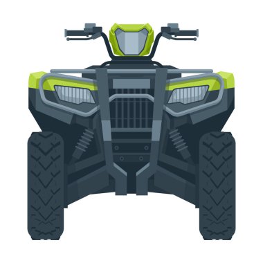 ATV Dörtlü bisikleti ön görüntüde izole edildi. Düz stil dört tekerlekli motosiklet - izole vektör çizimi