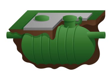 Foseptik tankı - yeraltı deposu ve atık su geri dönüşümü. Görsel yardım için Isometric şeması