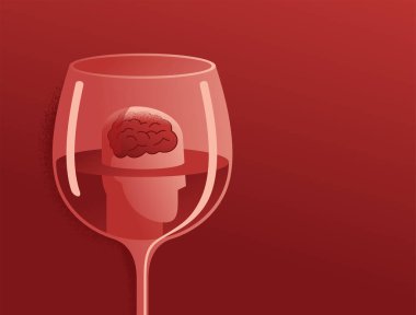 Alkol beyine etki eder. İnsan kafası cam şarapta boğulur. Tıbbi ve psikolojik kavramsal çizimler