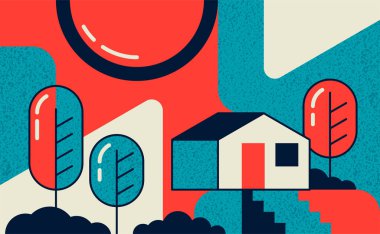 Geometrik desenli güzel ve soyut bir manzara. Kırsal ev, tarlalar, ağaçlar, yol ve güneşli gökyüzü