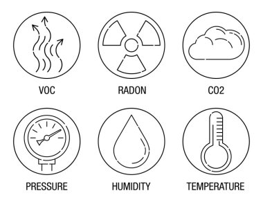 Ev Hava Kalitesi göstergeleri ince çizgi halinde ayarlandı. CO2, VOC, radon, sıcaklık, basınç ve nem