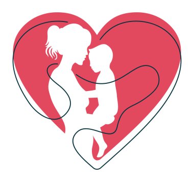 Anne ve çocuğu - aile silueti kalp şeklinde negatif bir alan.