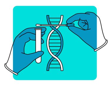 Ellerinde sonda çubuğu olan PCR ve DNA testi dekorasyonu - DNA örneklerinin analizi.