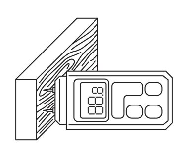 Tahta nem ölçer. Tahtadaki nem miktarını ölçmek için elektrikli cihaz. İnce çizgi biçiminde izole edilmiş vektör simgesi