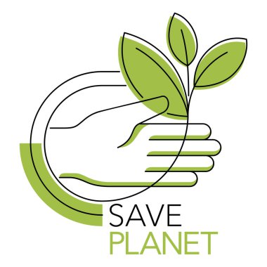 Gezegen 'in sloganını kaydedin. İnce çizgili bitki ellerinde filizleniyor. Çevre koruma, çevre dostu motivasyon. Vektör illüstrasyonu