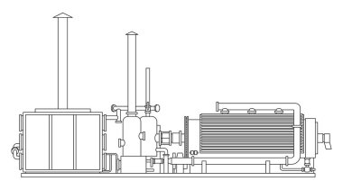 Plastik Pyrolysis fabrikası. Malzeme kullanımı için geri dönüşüm sistemi. İnce çizgili illüstrasyon
