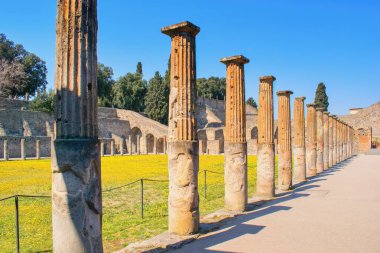 Pompeii, Campania, Napoli, İtalya - 79 yılında Vesuvius Dağı 'nın püskürmesiyle volkanik kül ve sünger taşlarının altında gömülü antik bir şehrin kalıntıları.