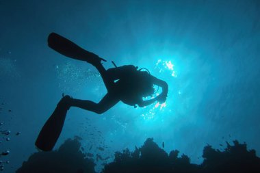 Suyun altında parlayan güneş ışınları ve mavi suda dalgıç silueti .