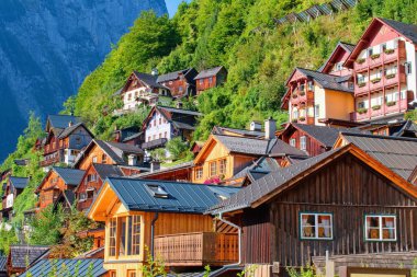 Hallstatt, Avusturya - Avusturya 'nın ünlü Alp kentinin kırsal evlerinin güzel manzarası.