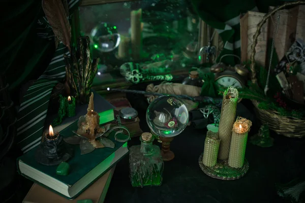 stock image Illustration of magical stuff....candle light, book of spells, magical atmosphere, wizards school, green aesthetic, Halloween time