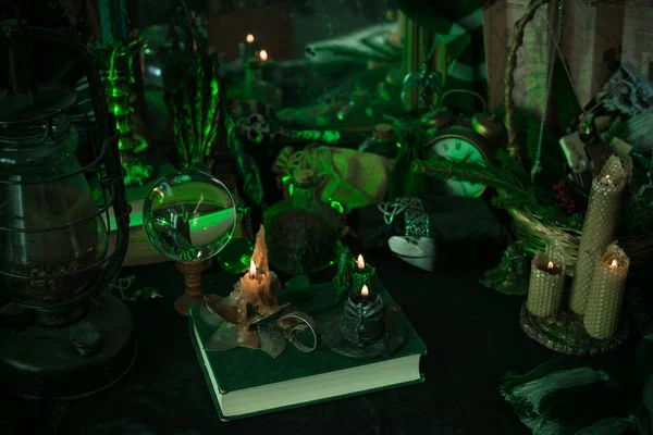 Illustration Magischer Dinge Kerzenlicht Zauberbuch Magische Atmosphäre Zauberschule Grüne Ästhetik — Stockfoto