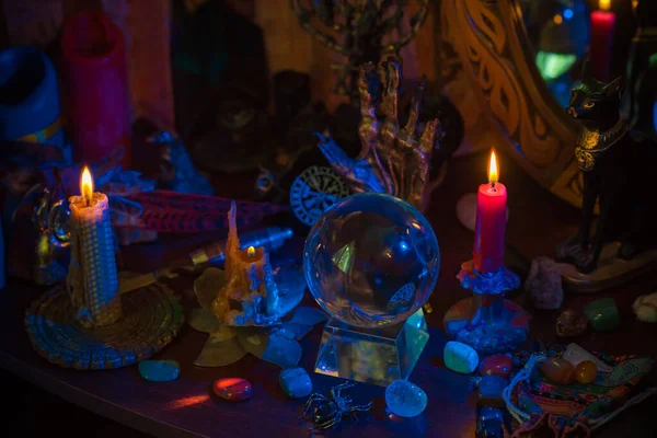 stock image Witch altar. Concept of fortune telling and predictions of fate, candle magic and wicca elements on a table