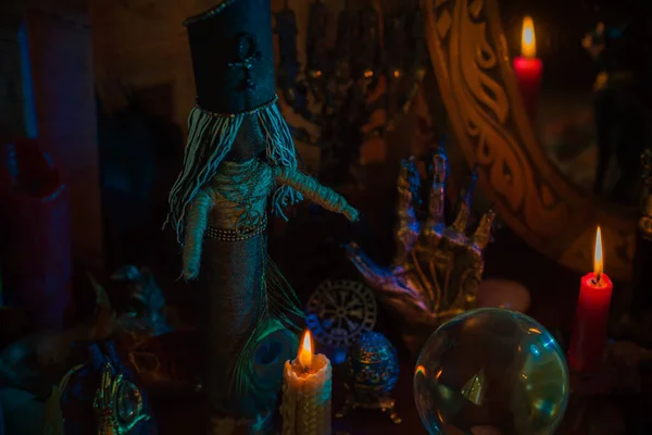 Altar Penyihir Konsep Ramalan Nasib Sihir Lilin Dan Elemen Wicca — Stok Foto