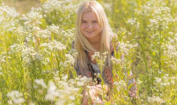 stock image Boho, Gypsy style at nature. Blonde woman outdoor portrait. Clothes collection 