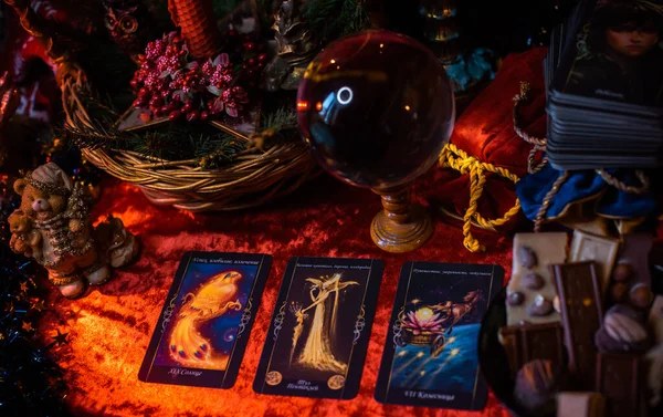 Concepto Adivinación Navideña Las Predicciones Sobre Las Cartas Del Tarot — Foto de Stock