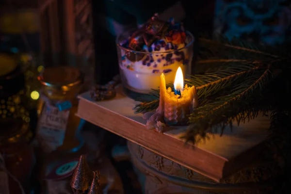 Illustration Magical Stuff Candle Light Magic Wand Book Spells Dark — Stock Photo, Image