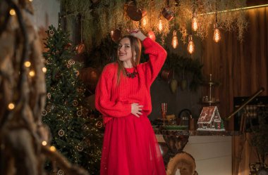 Yılbaşı partisinin resmi, evde yeni yıl. Tatillerde güzel bir Avrupalı ya da Amerikalı kadın. Çok rahat bir ev atmosferi var.