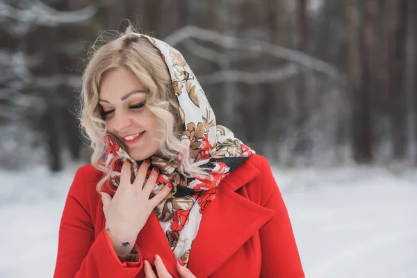 穿着伦理头巾和红色外套的女士寒假 森林里的女人 圣诞时间的概念 — 图库照片