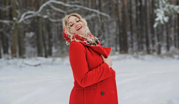 Dame Met Ethische Sjaal Rode Jas Winter Holidays Vrouw Buiten — Stockfoto