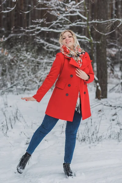 穿着伦理头巾和红色外套的女士寒假 森林里的女人 圣诞时间的概念 — 图库照片