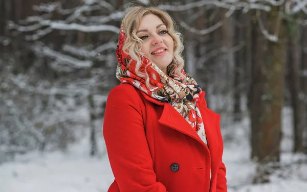 Lady Etisk Halsduk Och Röd Rock Vinter Semester Kvinna Utomhus — Stockfoto