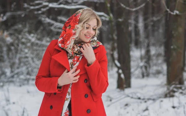 Дама Етичному Шарфі Червоному Пальто Зимові Канікули Жінка Відкритому Повітрі — стокове фото