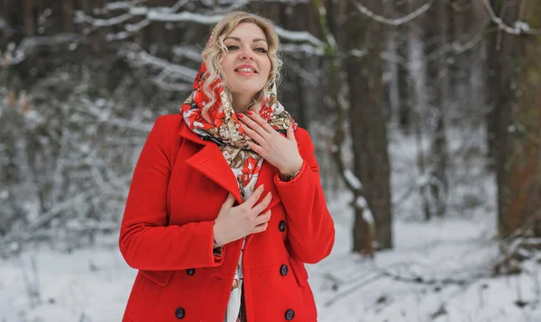 Erkölcsi Sálas Piros Kabátos Hölgy Téli Ünnepek Erdőben Karácsony Fogalma — Stock Fotó