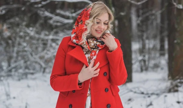 Lady Ethic Scarf Red Coat Winter Holidays Woman Outdoor Forest — Stock Photo, Image