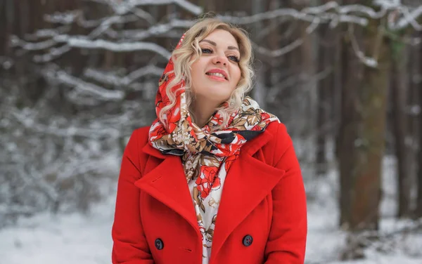 Erkölcsi Sálas Piros Kabátos Hölgy Téli Ünnepek Erdőben Karácsony Fogalma — Stock Fotó